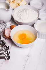 Baking ingredients on white