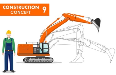 Worker concept. Detailed illustration of excavator, worker, miner in flat style on white background. Heavy construction and mining machine. Vector illustration.