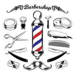Vector monochrome collection barbershop tools. - obrazy, fototapety, plakaty