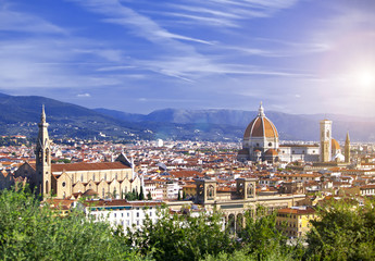 Fototapeta na wymiar Italy. Florence. View of the city on top and Cathedral Santa Maria del Fiore..
