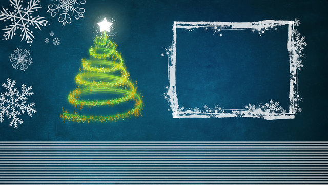 Christmas tree on the blue background with white freame