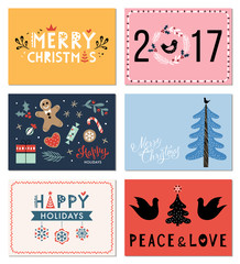 Horizontal Winter Holidays greeting cards. Merry Christmas, Happy Holidays and Peace and Love. Vector illustration.
