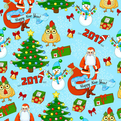 Cartoon holiday pattern with Santa Claus, Christmas tree, gifts, rooster, snowman, bells, bows and snowflakes on a blue background. 