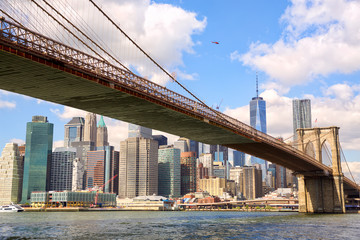 New York City Brooklyn Bridge with Manhattan skyline over East River