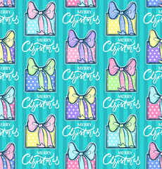 Seamless pattern with gift box, bow and Merry Christmas lettering design.Holidays background.Cute illustration.Vector gift box.Xmas presents.Colorful decorative pattern for celebrating winter holidays