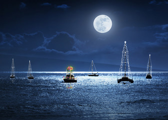 This photo illustration depicts a warm ocean Christmas Holiday scene with full moon, a small group of boats decorated with lights and a decorated Palm Tree as the Christmas Tree. - 127854774