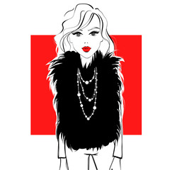Vogue illustration. Fashion design with beauty model. Vector girl in fur coat. Contrast picture with young women. Cover girl. Fashionable lady with red lips. Model posing on red square. 