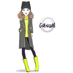 Lovely girl in autumn-winter clothes. Hand drawn cute teen with casual apparel. Hipster illustration. Personage in sketch style. Casual look. Vector girl in raincoat, hat, boots, sweater, pants.