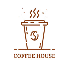 Vector illustration of emblem concept coffee house in line style. Linear brown cup. Icon Design for internet, banner, web page and mobile app. Outline object e-commerce. Coffee shop label, logo.