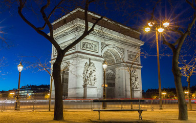 The Triumphal Arch  at night, Paris, France.
