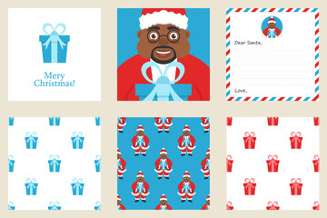 Merry Christmas and New year greeting card set. Includes holiday themed seamless patterns. Cute african american Santa with gift.