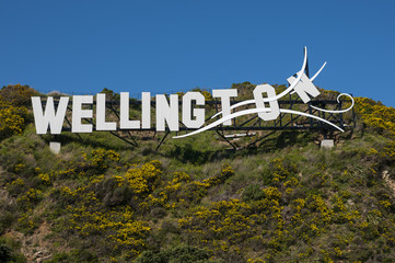 The Wellington sign seen on the hills at Mirarmar close to the airport
