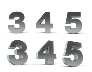 3d rendering of the numbers 3 4 5  in brushed metal on a white isolated background. - PATH SAVE