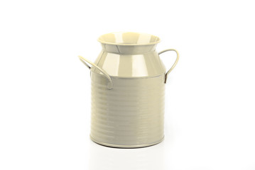 Beige iron/metal can/ bucket/pail/container with handles isolated on white background. Colorful kid child toys. Garden equipment. Food storage tray. Side view. Closeup.