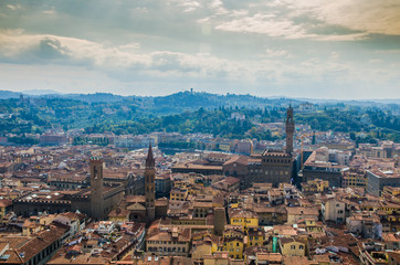 High angle view of rooftops, architecture and landmark buildings of Florence, Tuscany, Italy