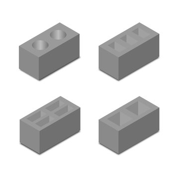 A set of isometric cinder blocks, vector illustration.
