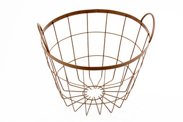 Empty bucket. Metal/ iron woven fruit or bread basket on white background. Empty wicker storage basket. Plaited container. Top, side view.
