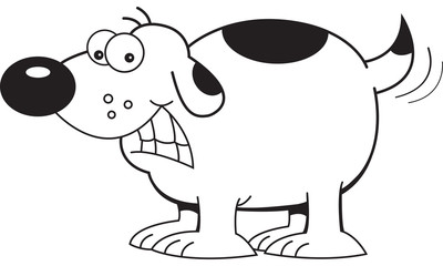 Black and white illustration of a smiling dog.