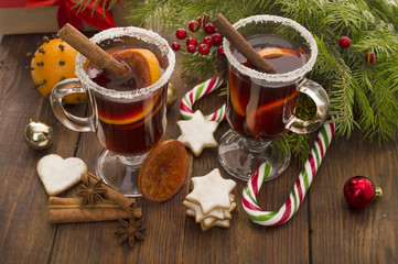 Christmas mulled wine, cookies, spices and ornaments