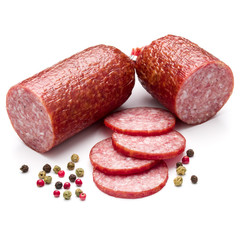 Salami smoked sausage and peppercorns isolated on white backgrou
