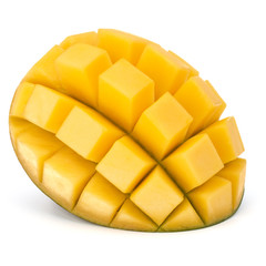 Sliced mango cubes isolated on white background