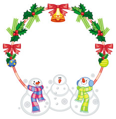 Round frame with Christmas decorations and snowman. Christmas design element. 