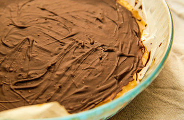 Chocolate cake on plate. Top view.