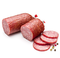 Salami smoked sausage and peppercorns isolated on white backgrou