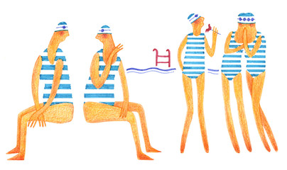 Swimming on the beachб Five ladies in striped bathing suits mimic the exercises in the pool, on a white background