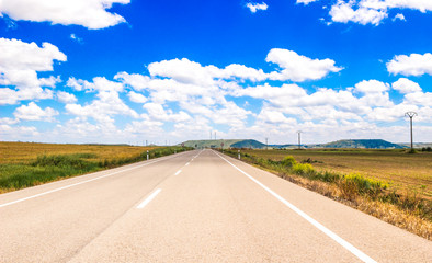 road through the green field and blue sky white clouds / beautiful view in summer / beautiful landscape / road with meadow and blue sky.