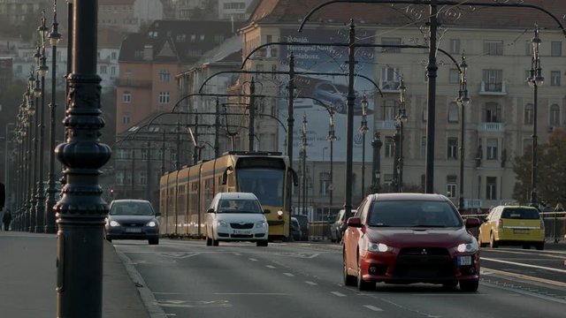 BUDAPEST Traffic Margit bridge, Hungary.Bakground is old town