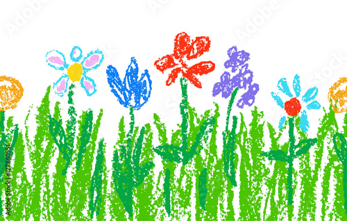 “Wax crayon kid`s hand drawn colorful flowers with green grass on white