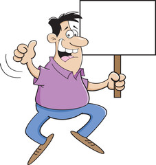 Cartoon illustration of a man jumping with a sign.