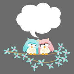 Cute owl couple with speech bubble background
