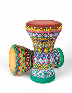 Colorful painted pottery goblet drums (chalice drum, darabuka, debuka, doumbek, dumbelek, toumperleki, tablah), goblet shaped body percussion musical instrument used mostly Middle East, North Africa