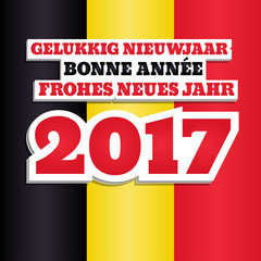 Vector greeting card with text "Happy New Year 2017" in Dutch, French, and German. Abstract background with colors of national flag of Belgium. Square format, material design.