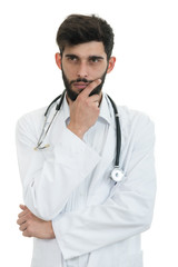 young doctor man with stethoscope looking serious