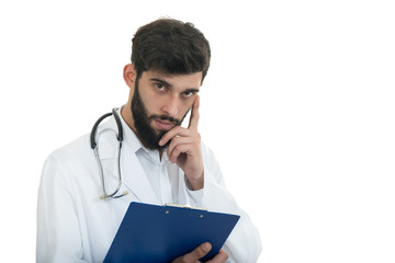 Male Doctor standing with folder, isolated on white background