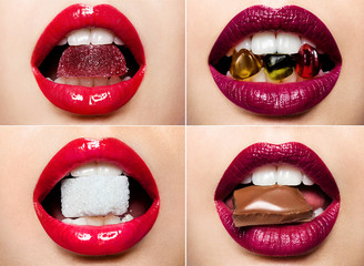 Naklejka premium Zestaw pięknych kobiecych ust z kolorową szminką i słodyczy