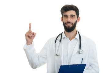 Male doctor makes a pointing finger gesture, isolated over a white background