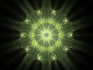 Fractal decorative computer  illustration of bright glowing green floral pattern on black background