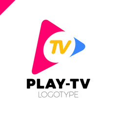 Dynamic, fast Play icon with letter TV in middle. Media company logo or film production studio or audio-visual studio or on-line media.