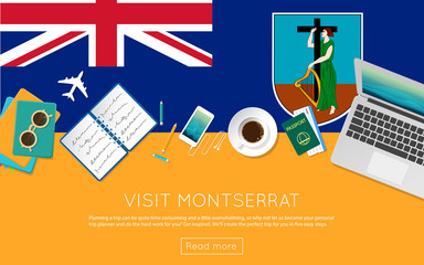 Visit Montserrat concept for your web banner or print materials. Top view of a laptop, sunglasses and coffee cup on Montserrat national flag. Flat style travel planninng website header.