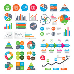 Business charts. Growth graph. Accounting workflow icons. Human silhouette, cogwheel gear and documents folders signs symbols. Market report presentation. Vector
