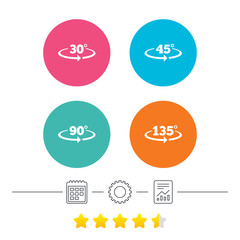 Angle 30-135 degrees icons. Geometry math signs symbols. Full complete rotation arrow. Calendar, cogwheel and report linear icons. Star vote ranking. Vector