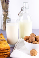 fresh healthy milk, cookies with raisins, walnuts, bunch of dry cut lavender on white background. selective focus.