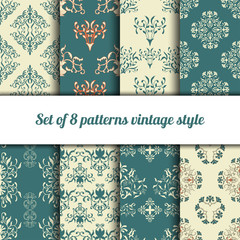Collection 8 seamless pattern vintage damask style. Design for fashion, textile, web and other decor.