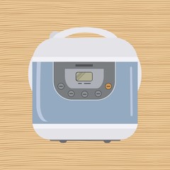 Electronic crock pot with display on a wooden background. Kitchen device. Cooking equipment. Vector flat illustration