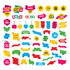 Naklejka premium Web stickers, banners and labels. Birthday party icons. Cake and gift box signs. Air balloons and fireworks symbol. Special offer tags. Vector