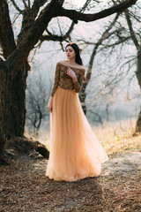 Pretty brunette girl walks in the forest . She is dressed in luxurious, golden dress. The wind playing with her hair and fabrics. The beautiful weather of autumn fog and sun.